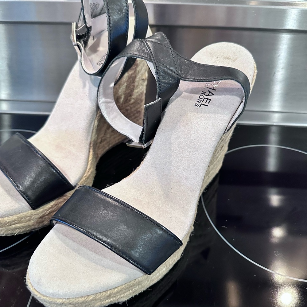 Michael Kors Jill Woven Rope Jute Wedge Black Leather Sandal Platform Size 9 - Picture 14 of 16